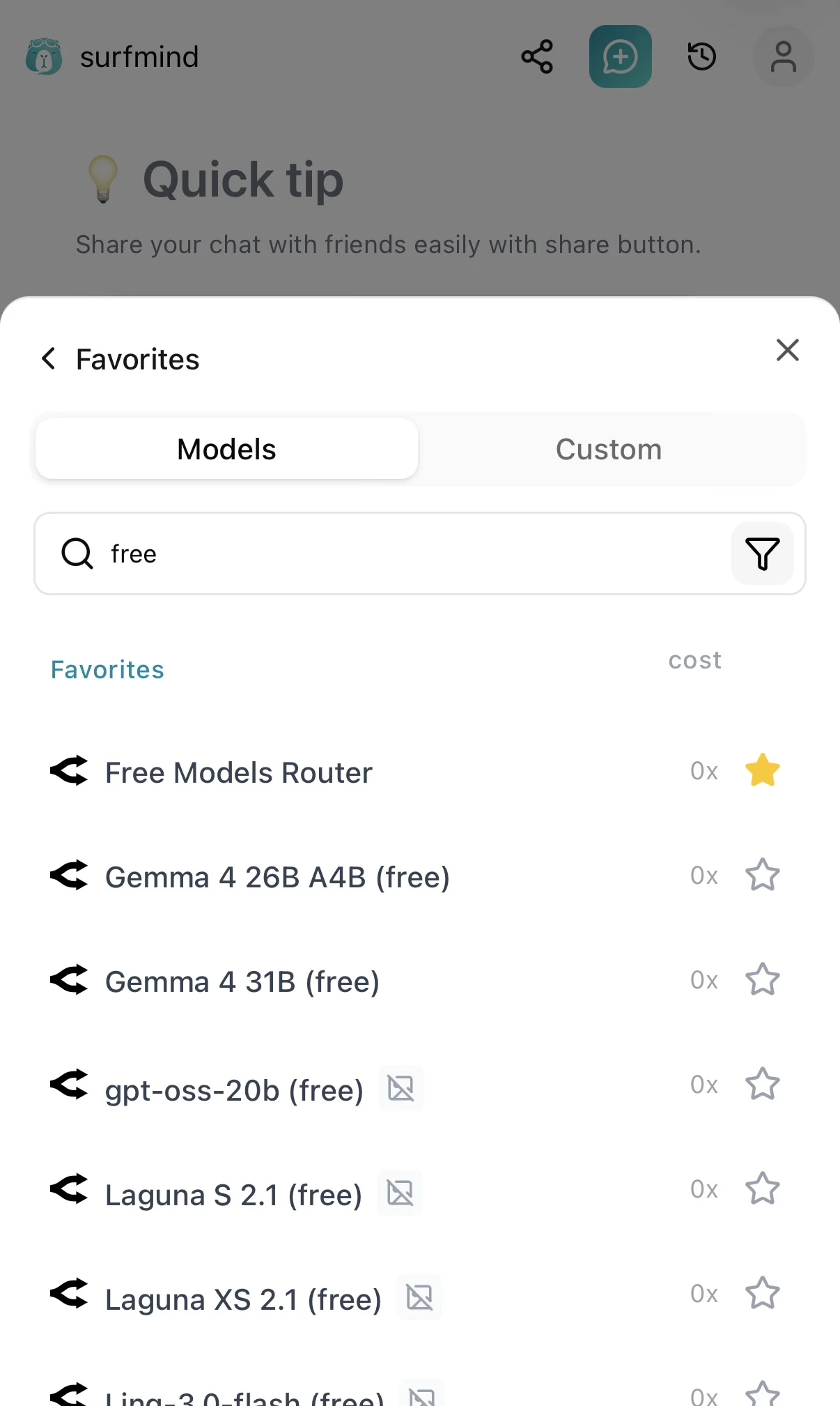 Searching for free OpenRouter models in SurfMind's model list