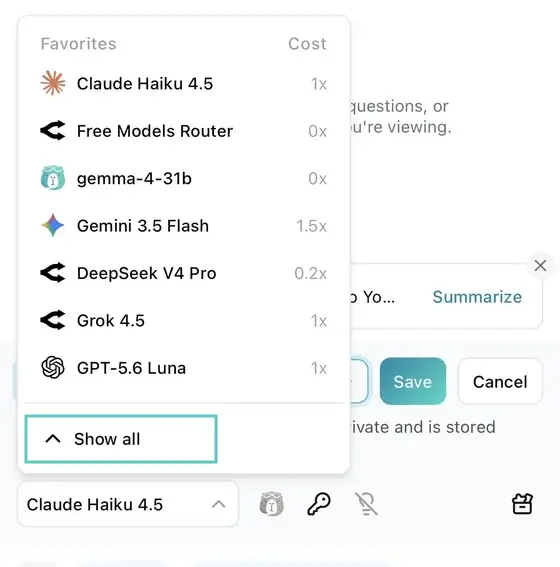 SurfMind model picker with the Show all button